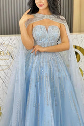 Fabulous Blue A-Line Strapless Sequined Sleeveless Floor-Length Tulle Evening Dresses With Cloak